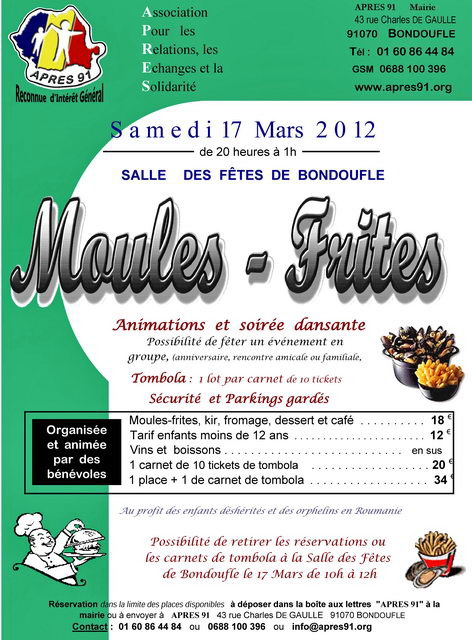 Le samedi 17 mars, Soirée Dansante MOULES-FRITES