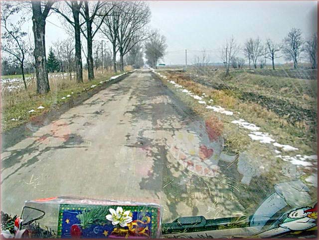  Aprs la frontire hongroise, oh surprise! Le GPS nous conduit sur une route troite, toute droite mais dfonce!